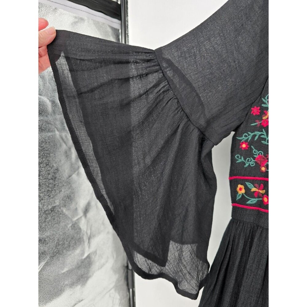 Umgee Medium Tunic Dress Black Boho Hippie Floral Embroidered Bell Sleeve - Picture 3 of 6